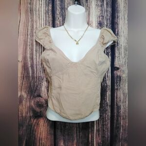Aerie Nude For You Cropped V Neck With Ruffle Sleeves Size Medium!